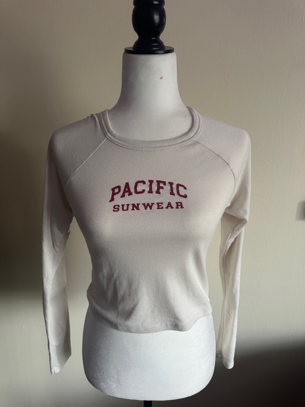 Pacific Sunwear Cream Long Sleeve Graphic Tee with Maroon Logo